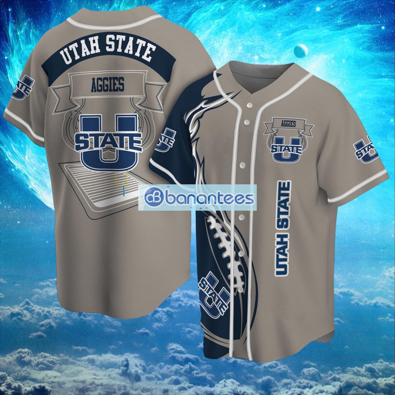 ncaa utah state aggies logo design fire ball baseball jersey shirt full print image NCAA Utah State Aggies Logo Design Fire Ball Baseball Jersey Shirt Full Print Product Photo 1