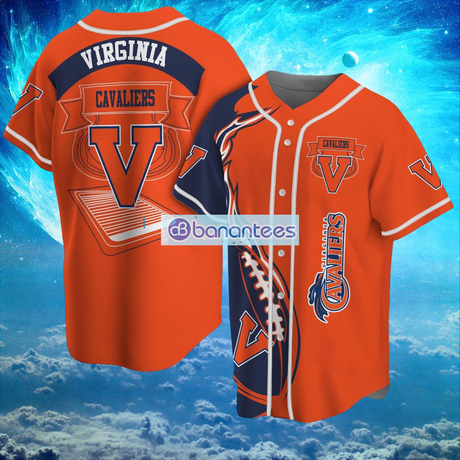 ncaa virginia cavaliers logo design fire ball baseball jersey shirt full print image NCAA Virginia Cavaliers Logo Design Fire Ball Baseball Jersey Shirt Full Print Product Photo 1