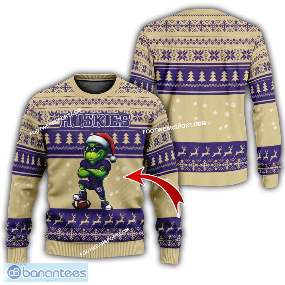 ncaa washington huskies grinch football ugly sweater gift for christmas image NCAA Washington Huskies Grinch Football Ugly Sweater Gift For Christmas - NCAA Washington Huskies New Grinch Ugly Christmas Sweater Photo 1