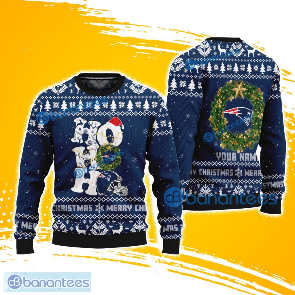 new england patriots nfl ho ho ho knitting pattern ugly christmas sweater custom name image New England Patriots NFL Ho Ho Ho Knitting Pattern Ugly Christmas Sweater Custom Name Product Photo 1