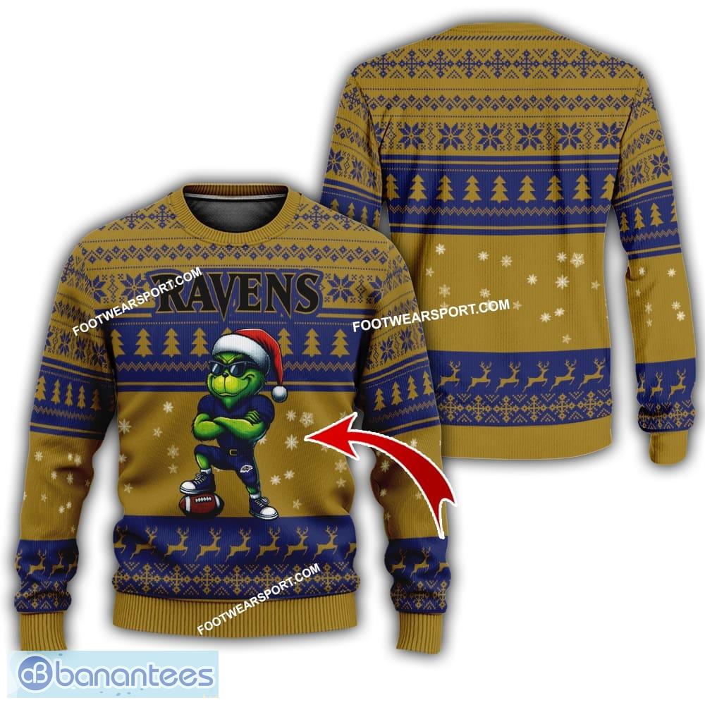 nfl baltimore ravens grinch style knitted christmas sweater gift for adult image NFL Baltimore Ravens Grinch Style Knitted Christmas Sweater Gift For Adult - NFL Baltimore Ravens New Grinch Ugly Christmas Sweater Photo 1