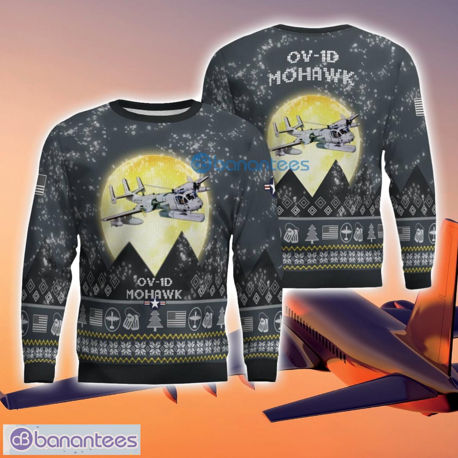 ov 1d mohawk ov1d 3d aircraft moonlight grey ugly christmas sweater for fans image OV-1D Mohawk OV1D 3D Aircraft Moonlight Grey Ugly Christmas Sweater For Fans Product Photo 1
