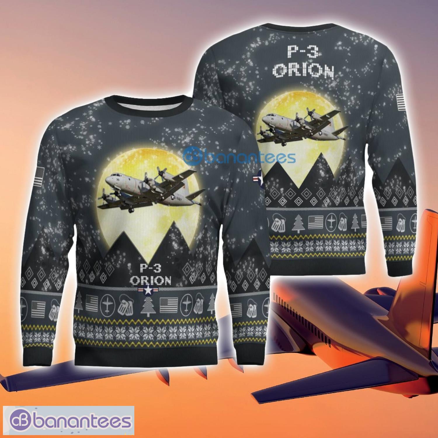p 3 orion p3 3d aircraft moonlight grey ugly christmas sweater for fans image P-3 Orion P3 3D Aircraft Moonlight Grey Ugly Christmas Sweater For Fans Product Photo 1