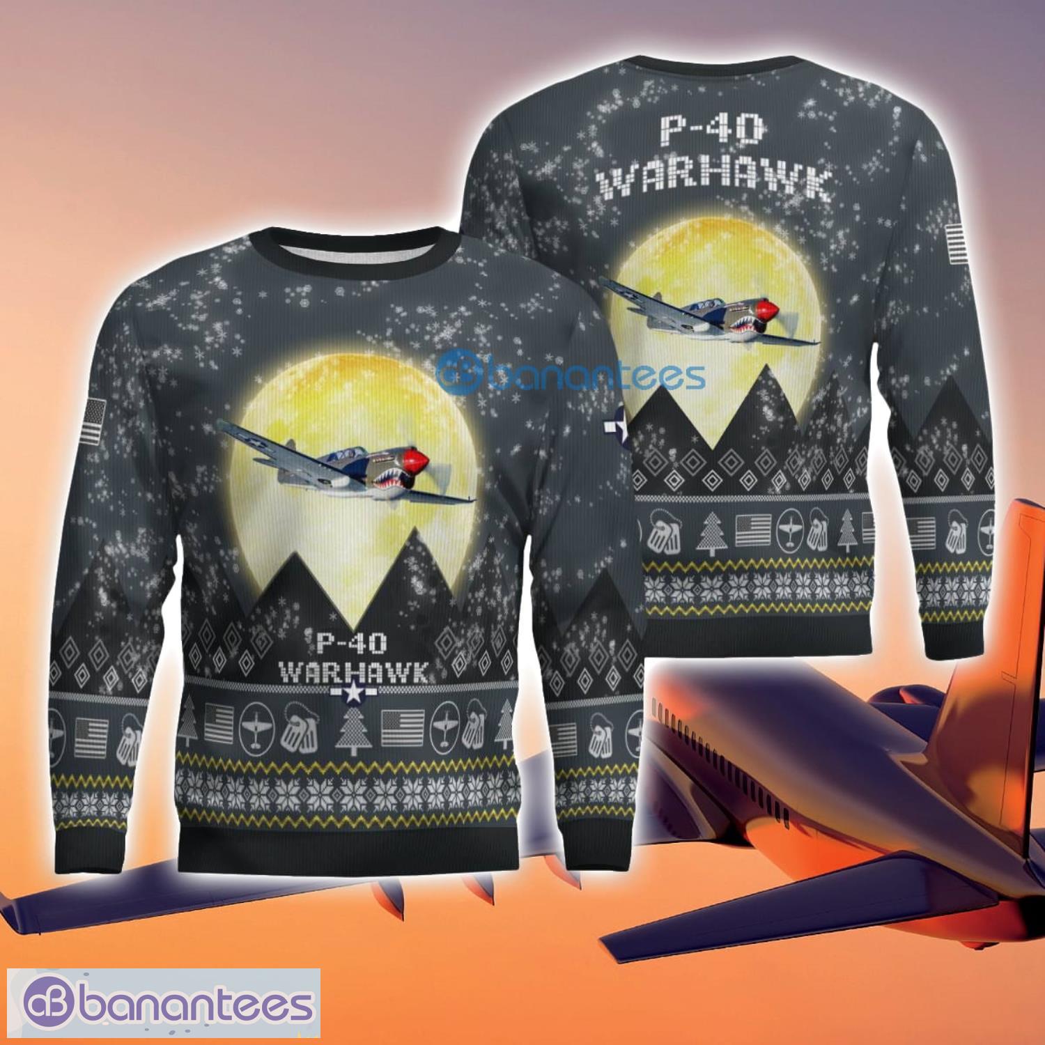 p 40 warhawk p40 3d aircraft moonlight grey ugly christmas sweater for fans image P-40 Warhawk P40 3D Aircraft Moonlight Grey Ugly Christmas Sweater For Fans Product Photo 1
