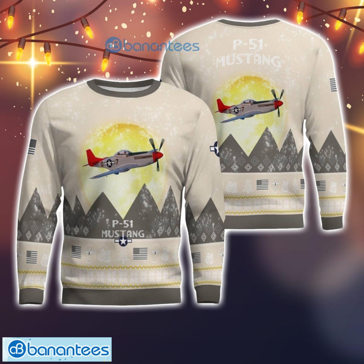 p 51 mustang p51 all printed aircraft moonlight ugly christmas sweater image P-51 Mustang P51 All Printed Aircraft Moonlight Ugly Christmas Sweater Product Photo 1