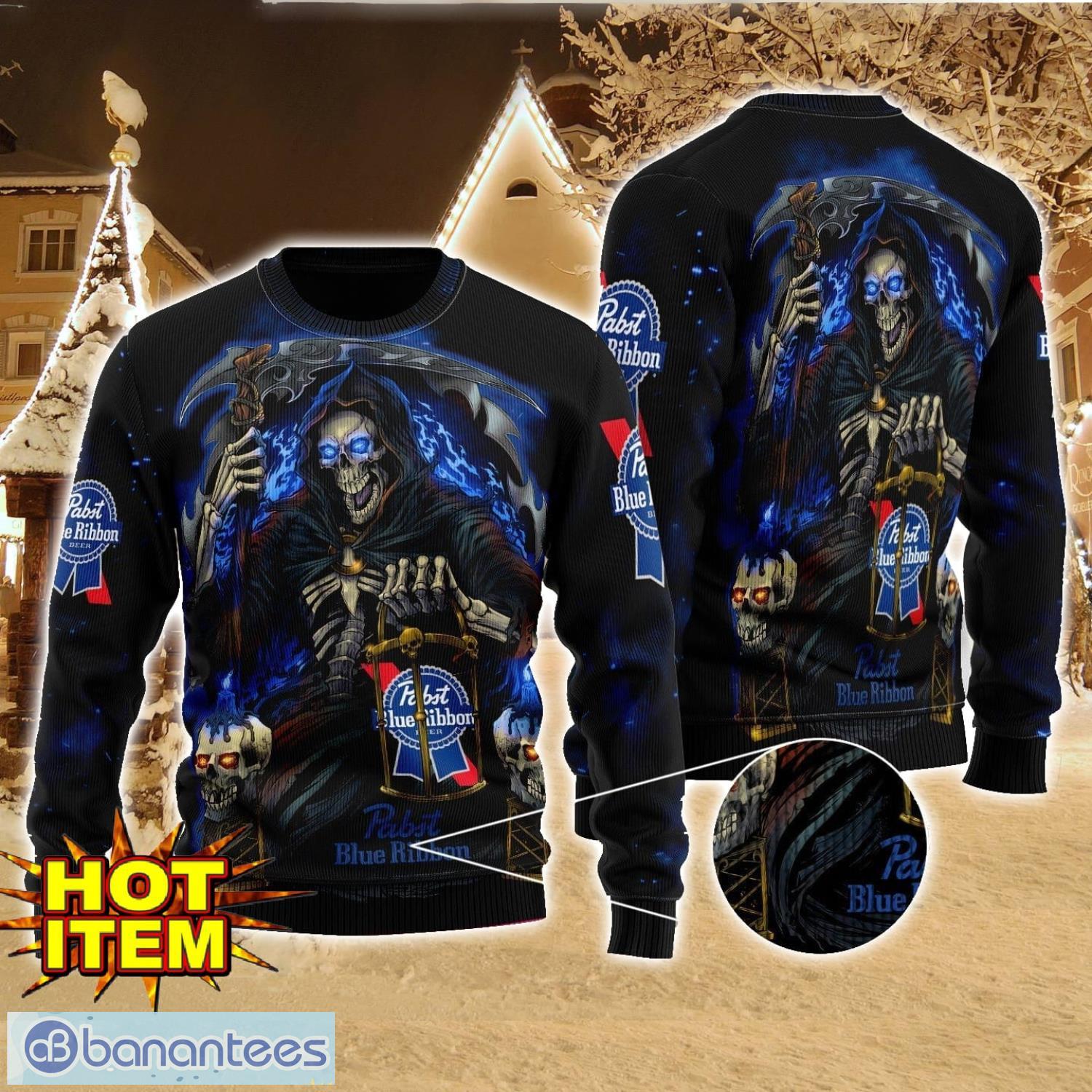 pabst blue ribbon death halloween all over print sweater halloween gift for men and women image Pabst Blue Ribbon Death Halloween All Over Print Sweater Halloween Gift For men And Women Product Photo 1