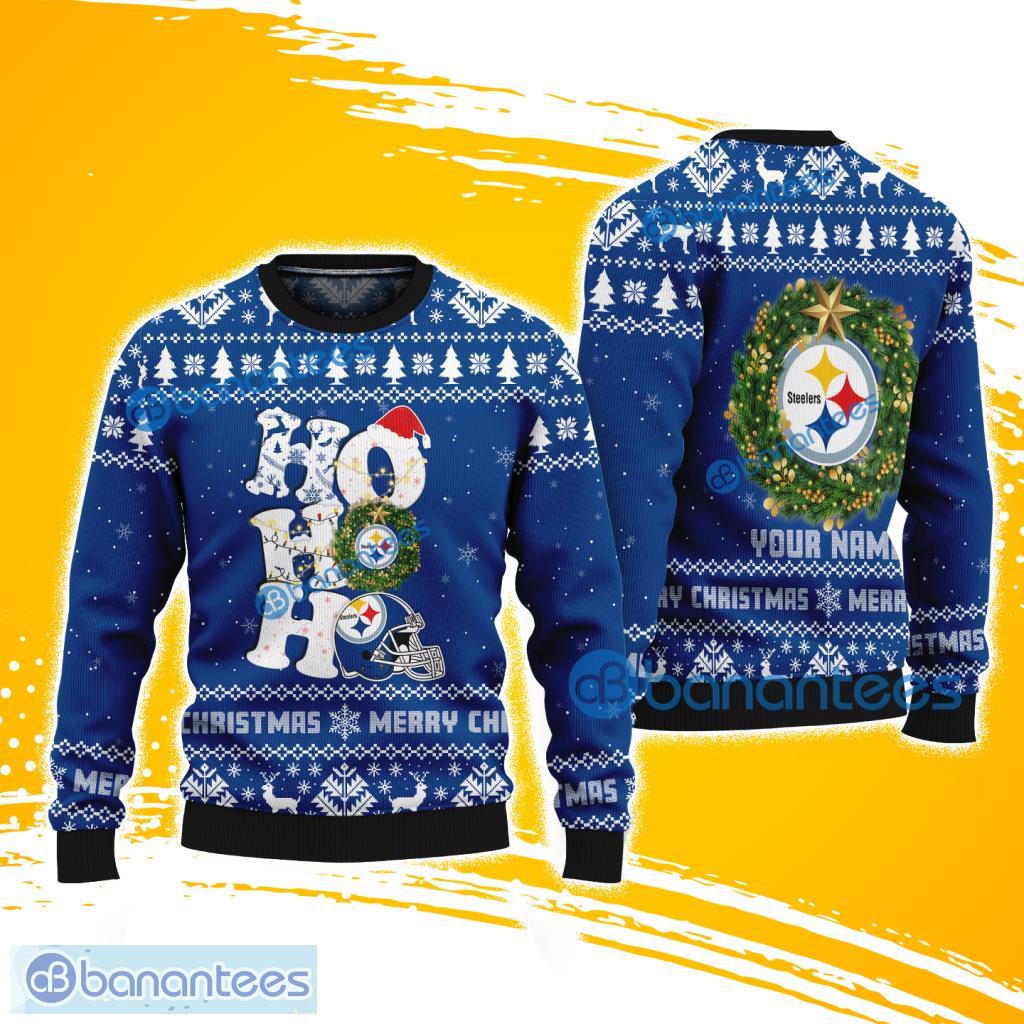 pittsburgh steelers nfl ho ho ho knitting pattern ugly christmas sweater custom name image Pittsburgh Steelers NFL Ho Ho Ho Knitting Pattern Ugly Christmas Sweater Custom Name Product Photo 1