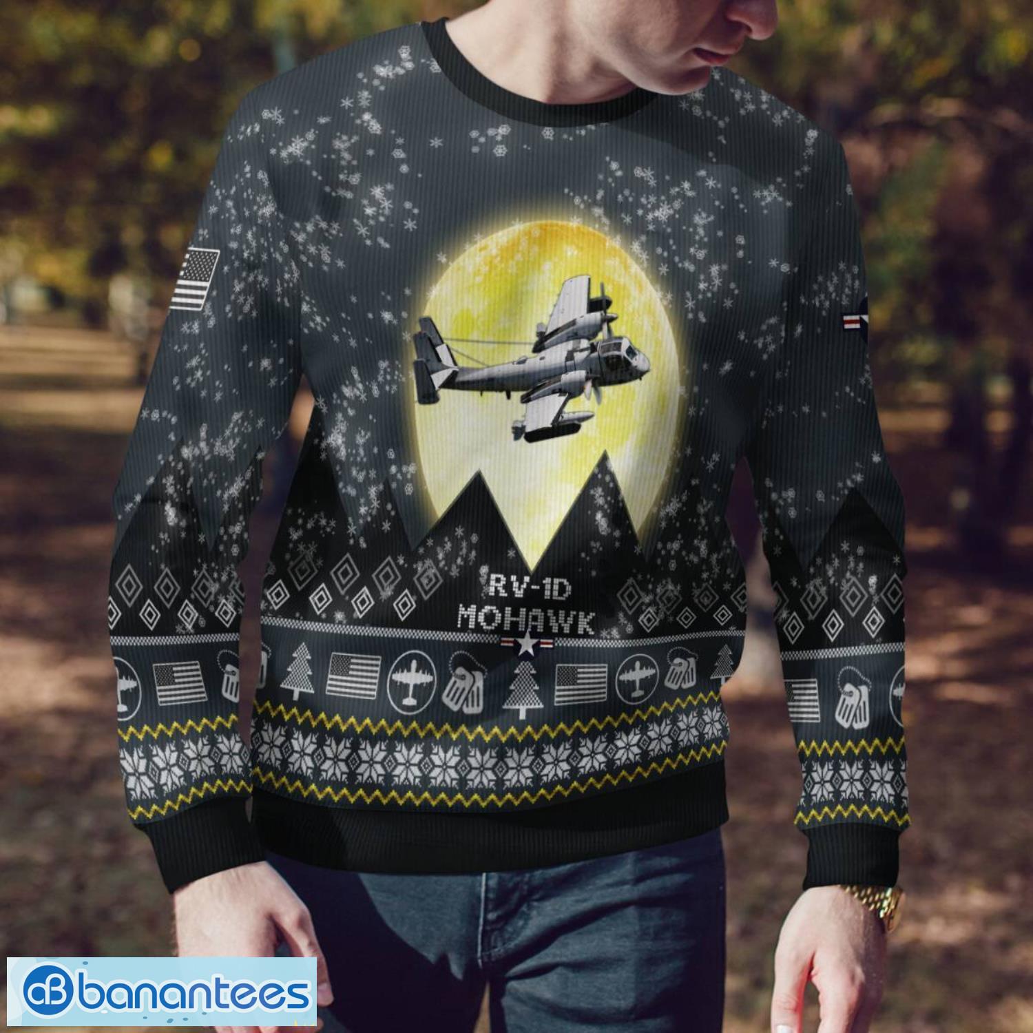 rv 1d mohawk ov1 rv1d 3d aircraft moonlight grey ugly christmas sweater for fans 1 image RV-1D Mohawk OV1 RV1D 3D Aircraft Moonlight Grey Ugly Christmas Sweater For Fans Product Photo 2