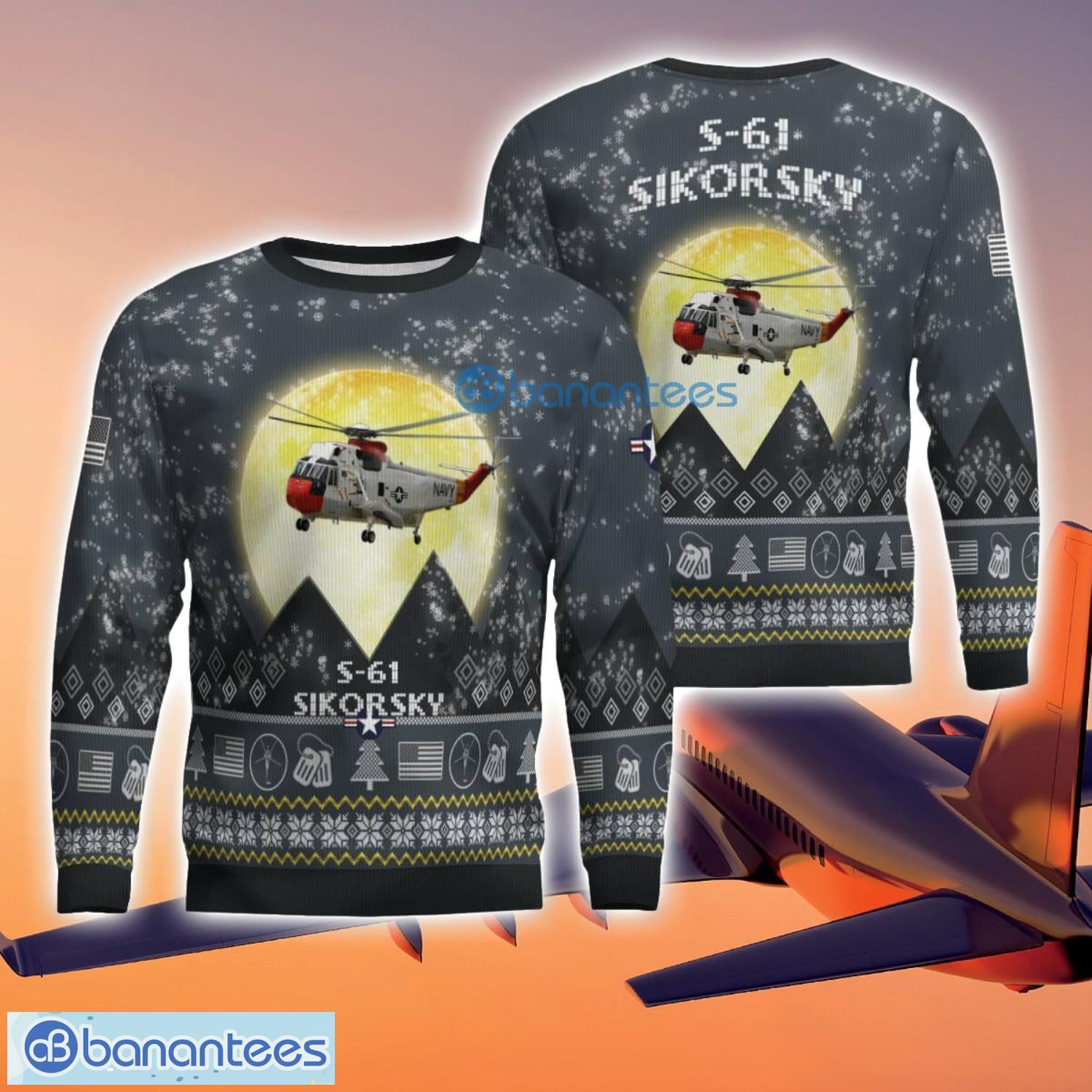 sikorsky s 61 s61 3d aircraft moonlight grey ugly christmas sweater for fans image Sikorsky S-61 S61 3D Aircraft Moonlight Grey Ugly Christmas Sweater For Fans Product Photo 1