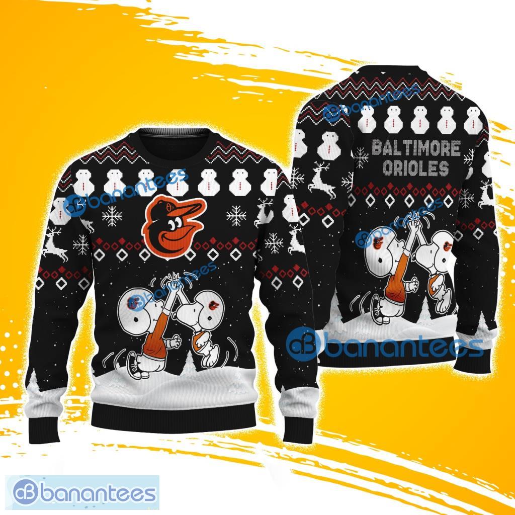 snoopy and friend baltimore orioles christmas ugly sweater 3d for fans image Snoopy And Friend Baltimore Orioles Christmas Ugly Sweater 3D For Fans Product Photo 1