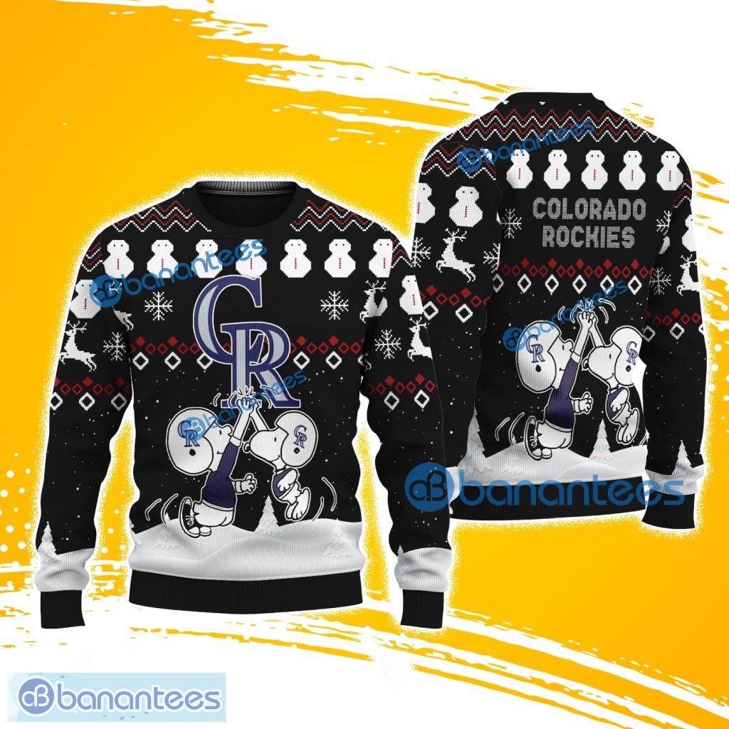 snoopy and friend colorado rockies christmas ugly sweater 3d for fans image Snoopy And Friend Colorado Rockies Christmas Ugly Sweater 3D For Fans Product Photo 1