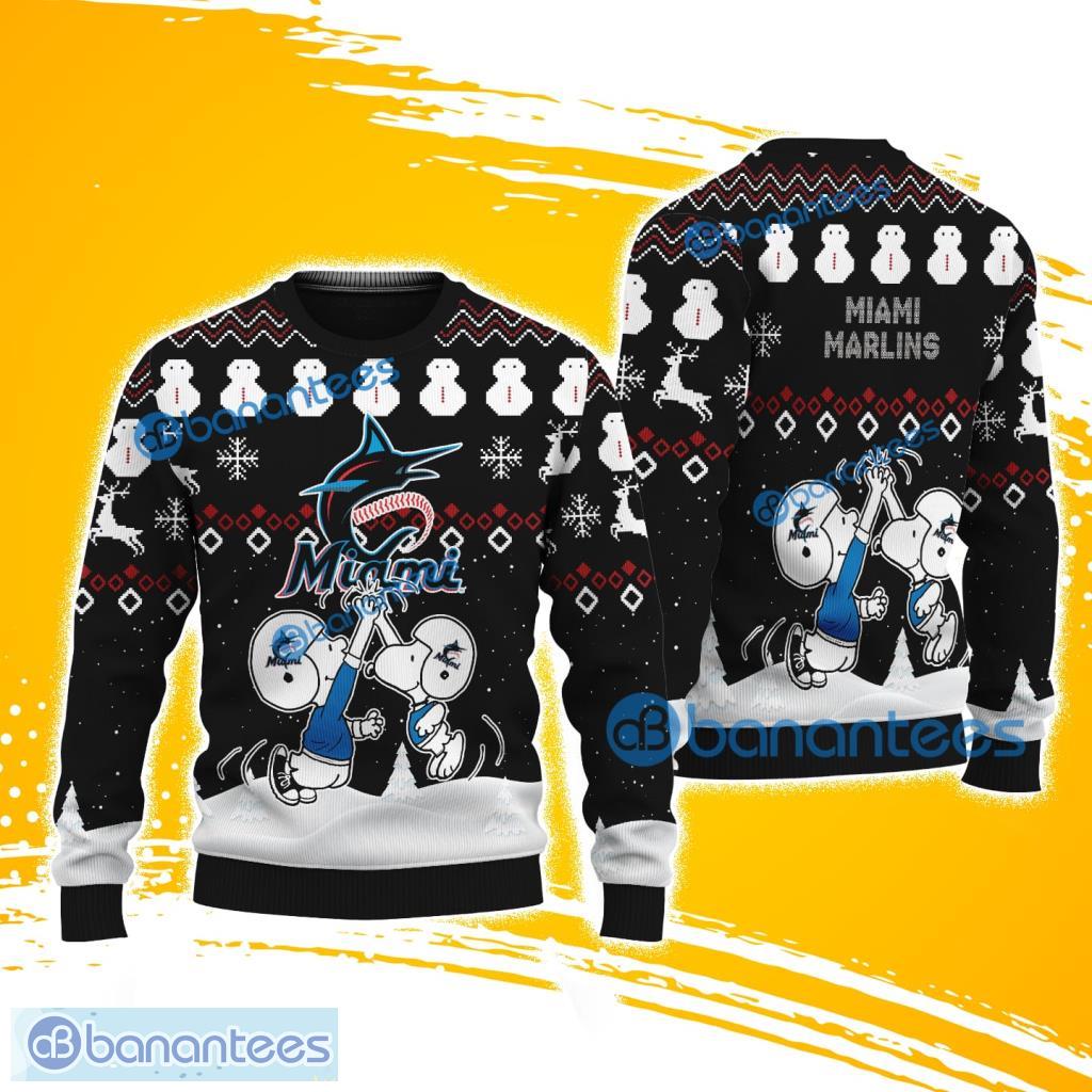 snoopy and friend miami marlins christmas ugly sweater 3d for fans image Snoopy And Friend Miami Marlins Christmas Ugly Sweater 3D For Fans Product Photo 1
