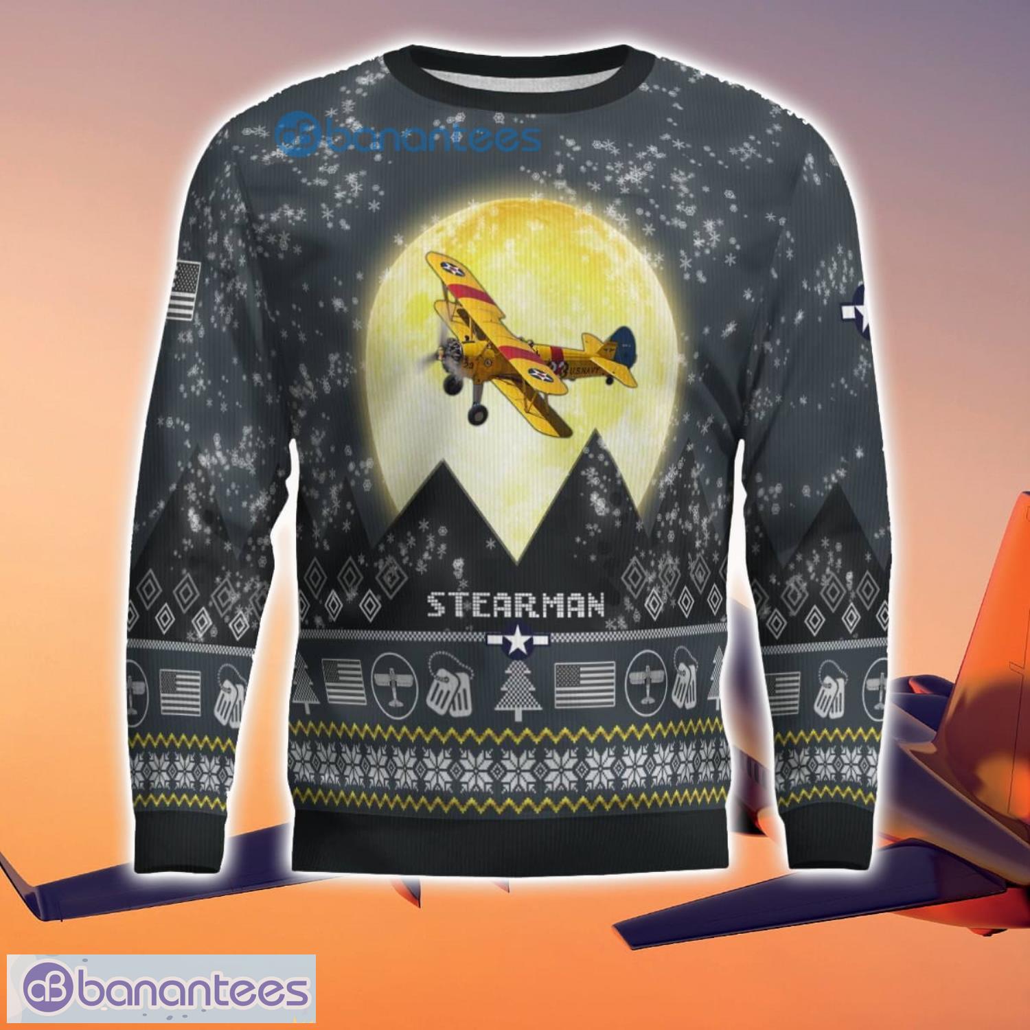 stearman 3d aircraft moonlight grey ugly christmas sweater for fans 1 image Stearman 3D Aircraft Moonlight Grey Ugly Christmas Sweater For Fans Product Photo 2