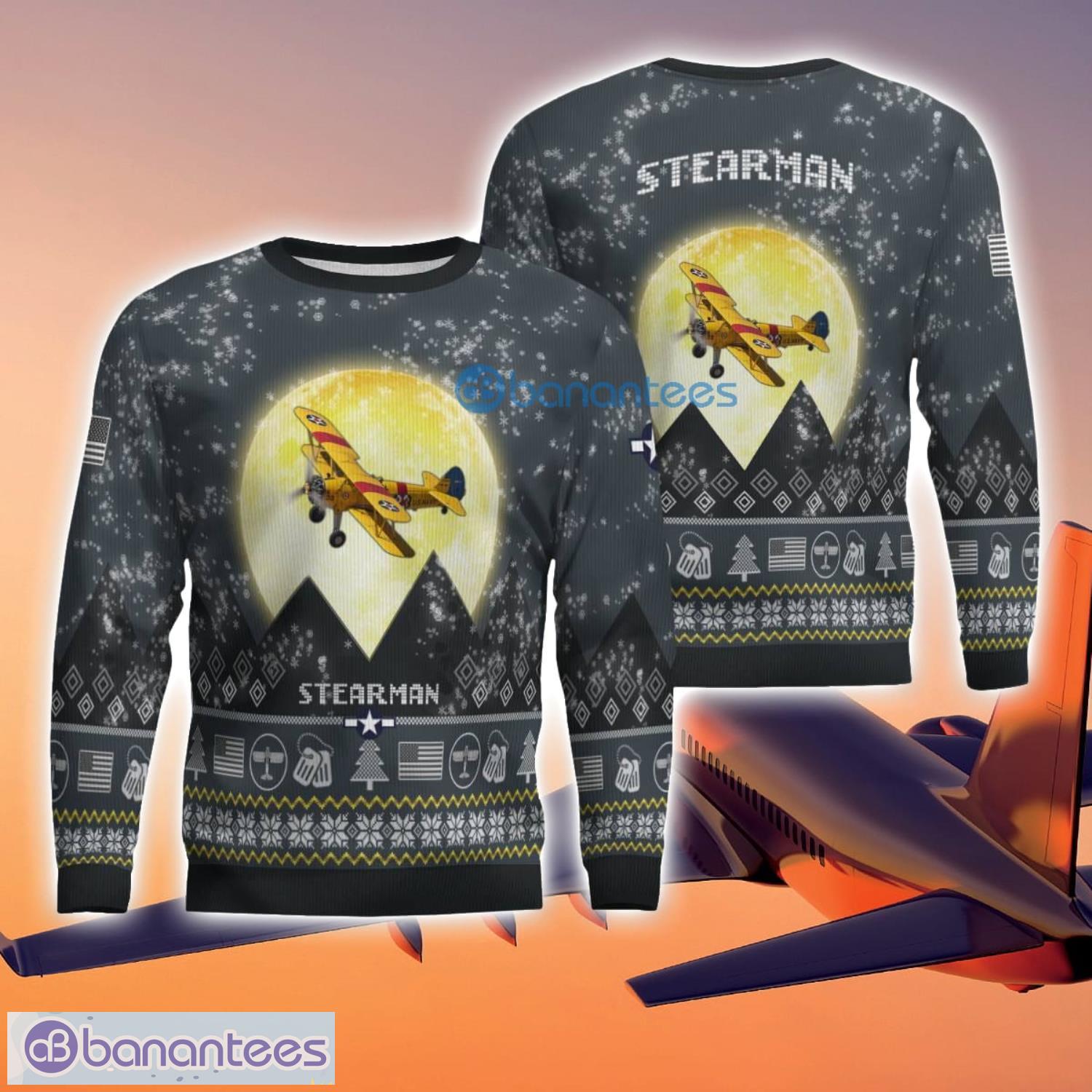 stearman 3d aircraft moonlight grey ugly christmas sweater for fans image Stearman 3D Aircraft Moonlight Grey Ugly Christmas Sweater For Fans Product Photo 1