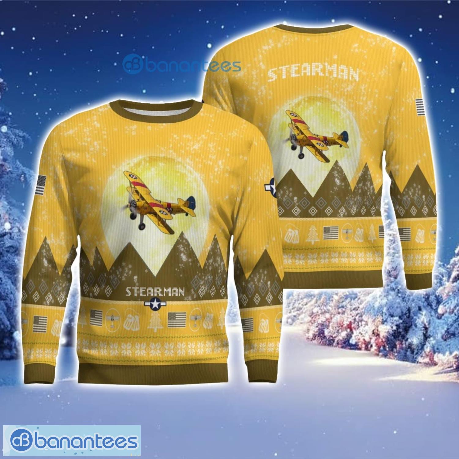 stearman aircraft moonlight 3d print ugly christmas sweater christmas gift yellow color sweater image Stearman Aircraft Moonlight 3D Print Ugly Christmas Sweater Christmas Gift Yellow Color Sweater Product Photo 1