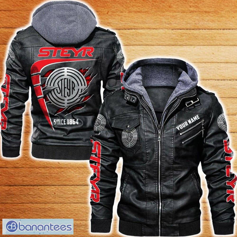 steyr leather jacket black and brown color car logo trending all over print gift fans custom name image Steyr Leather Jacket Black And Brown Color Car Logo Trending All OVer Print Gift Fans Custom Name - Steyr Leather Jacket Car For Fans_1
