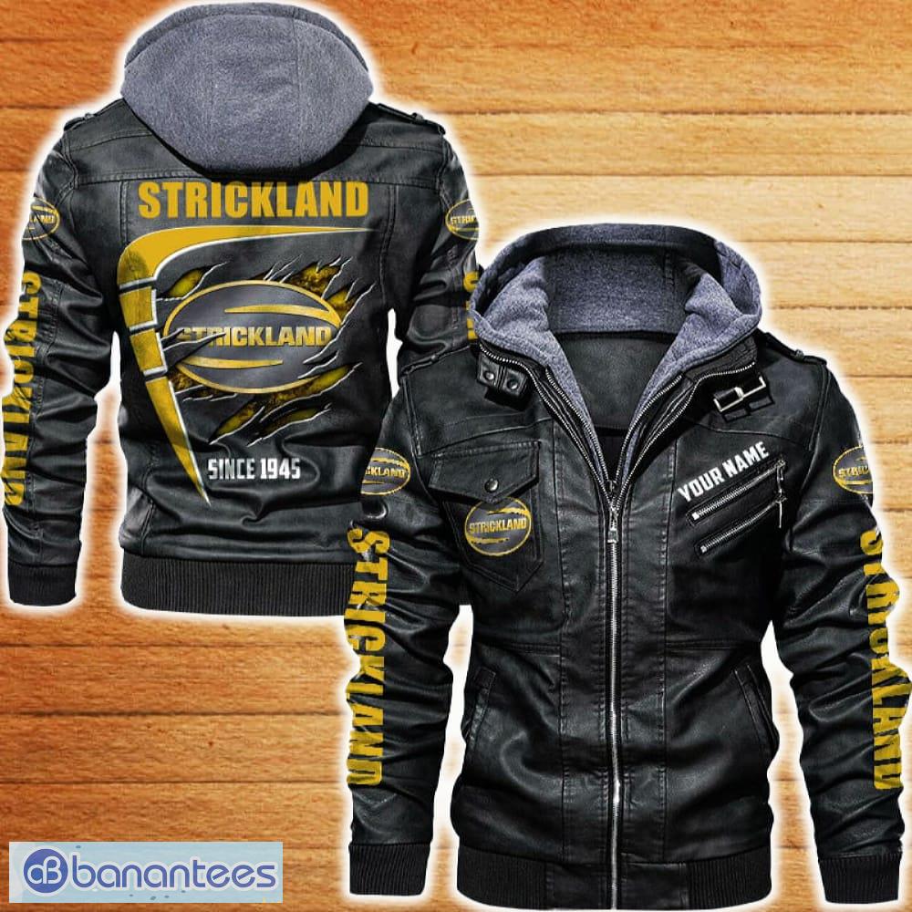 strickland leather jacket black and brown color car logo trending all over print gift fans custom name image Strickland Leather Jacket Black And Brown Color Car Logo Trending All OVer Print Gift Fans Custom Name - Strickland Leather Jacket Car For Fans_1