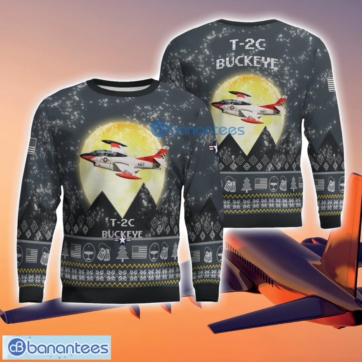 t 2c buckeye t2c 3d aircraft moonlight grey ugly christmas sweater for fans image T-2C Buckeye T2C 3D Aircraft Moonlight Grey Ugly Christmas Sweater For Fans Product Photo 1