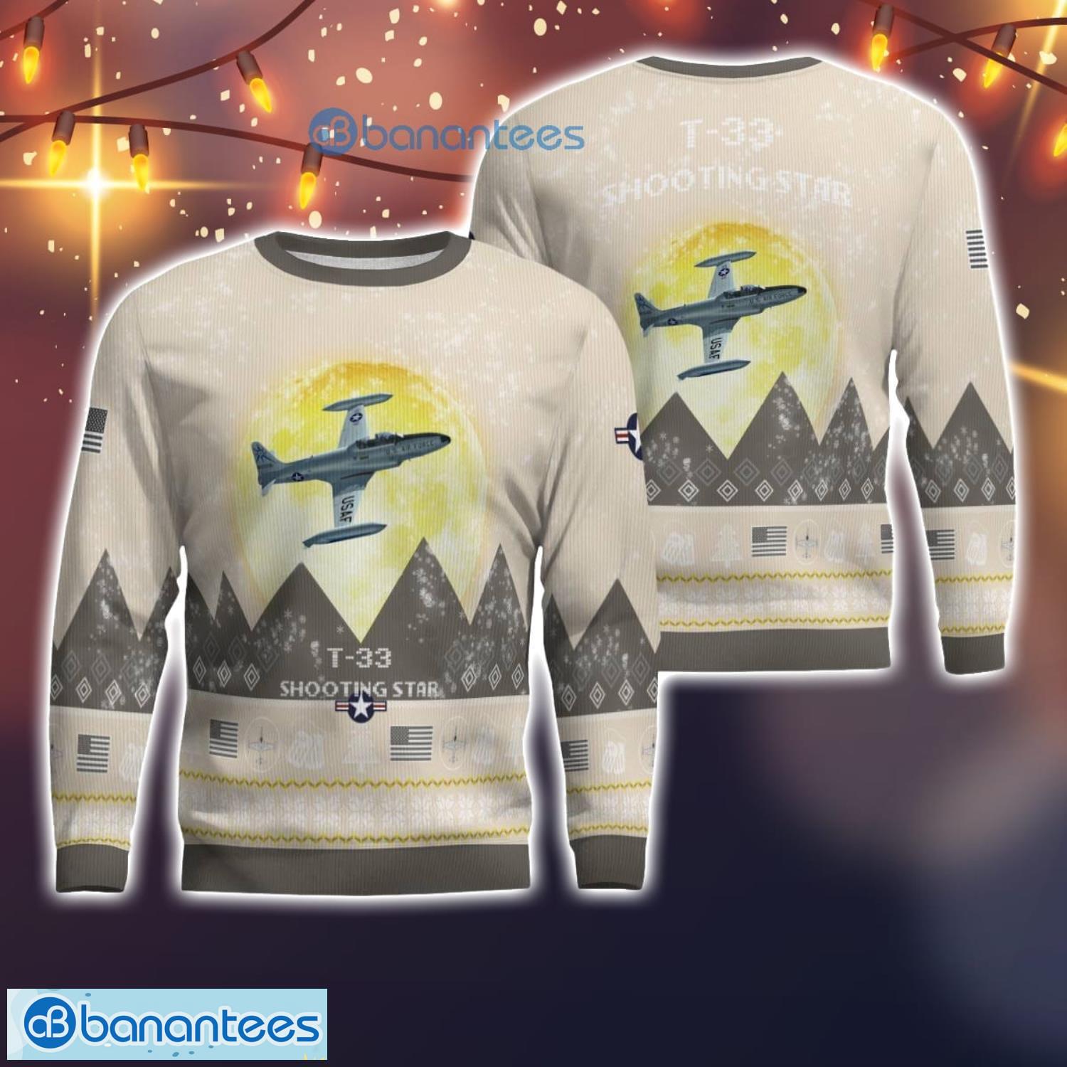 t 33 shooting star t33 all printed aircraft moonlight ugly christmas sweater image T-33 Shooting Star T33 All Printed Aircraft Moonlight Ugly Christmas Sweater Product Photo 1