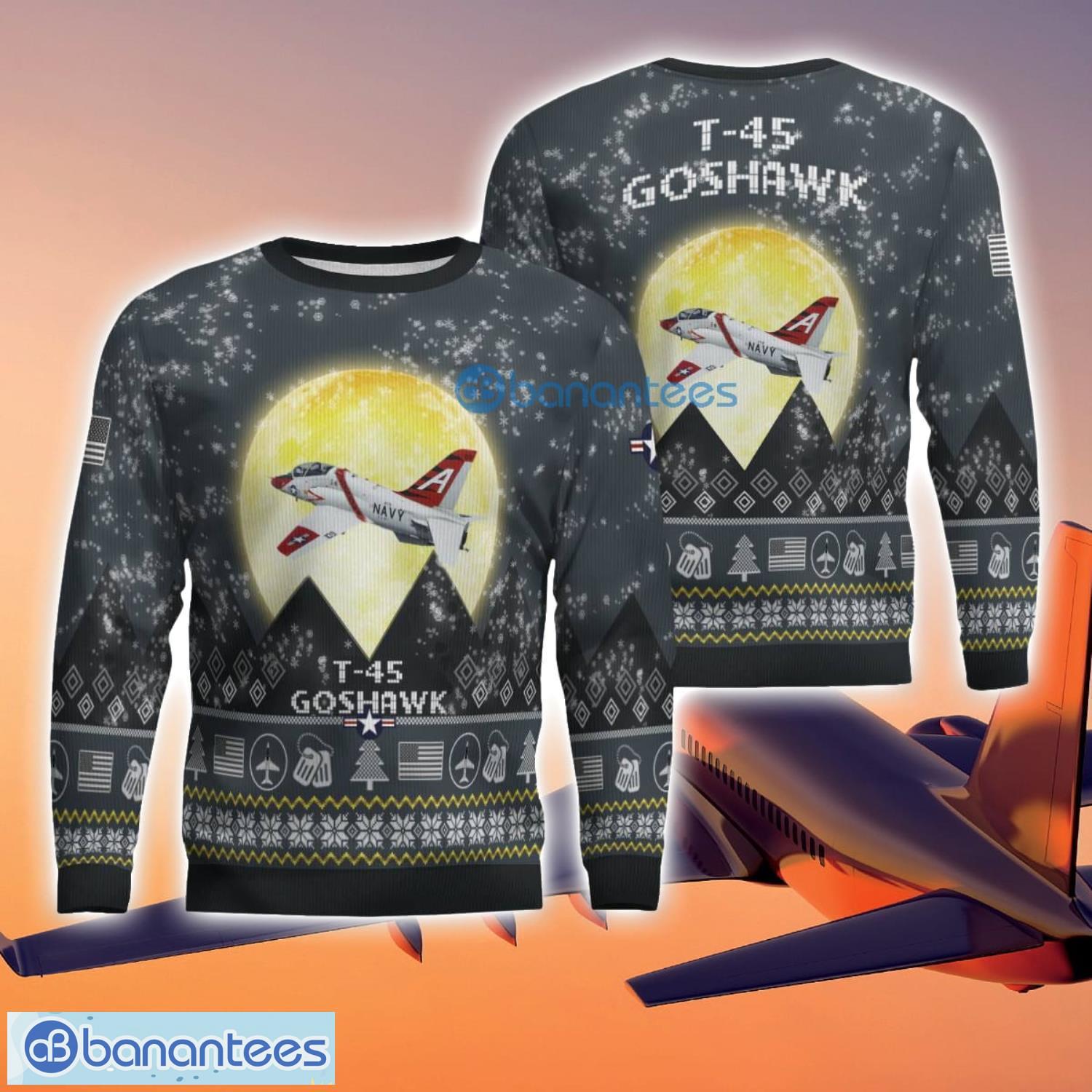t 45 goshawk t45 3d aircraft moonlight grey ugly christmas sweater for fans image T-45 Goshawk T45 3D Aircraft Moonlight Grey Ugly Christmas Sweater For Fans Product Photo 1