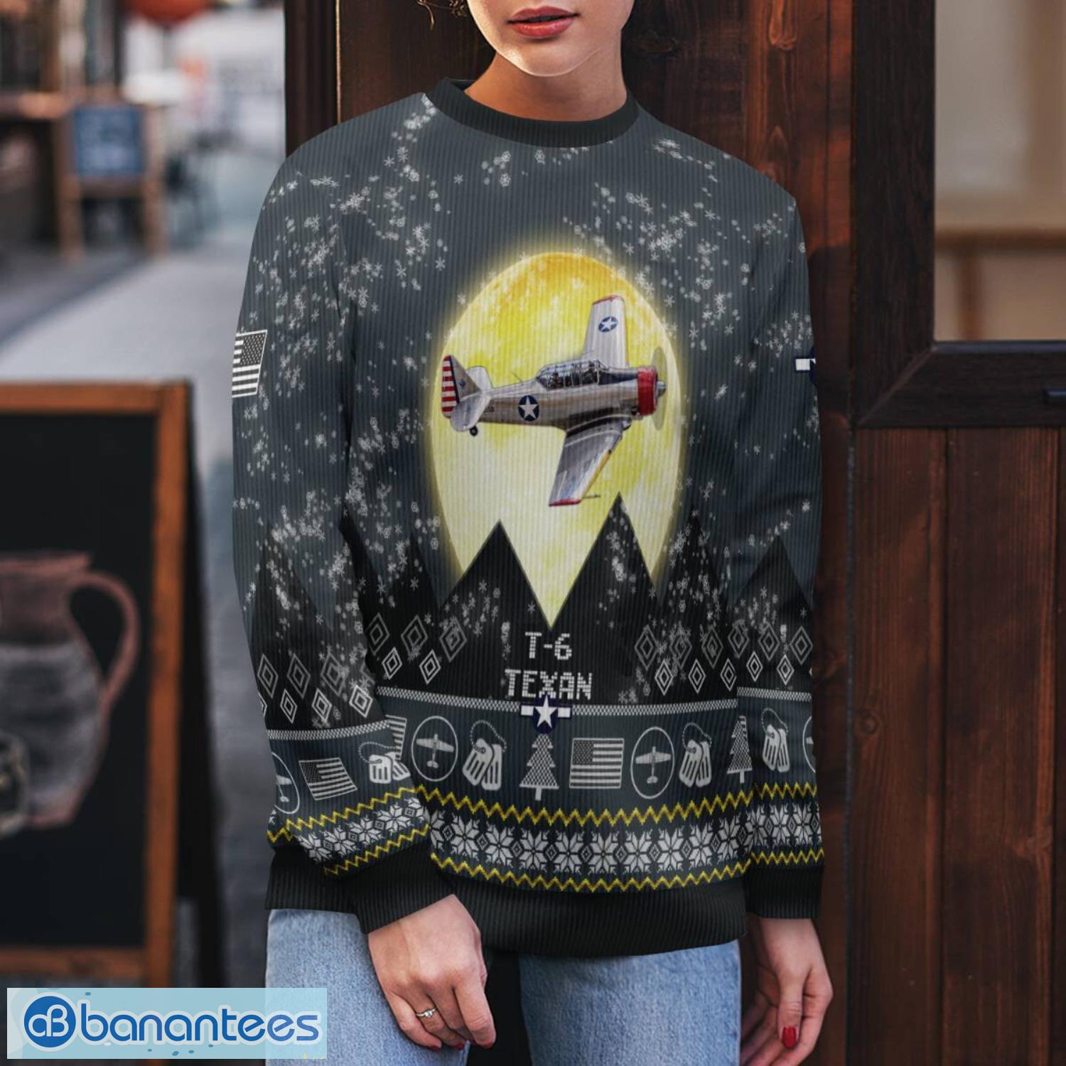 t 6 texan t6 3d aircraft moonlight grey ugly christmas sweater for fans 1 image T-6 Texan T6 3D Aircraft Moonlight Grey Ugly Christmas Sweater For Fans Product Photo 2