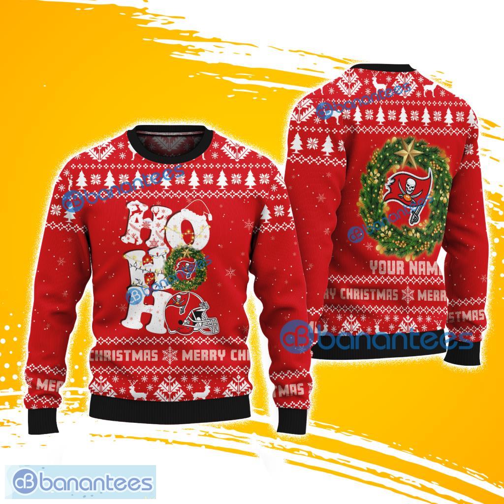 tampa bay buccaneers nfl ho ho ho knitting pattern ugly christmas sweater custom name image Tampa Bay Buccaneers NFL Ho Ho Ho Knitting Pattern Ugly Christmas Sweater Custom Name Product Photo 1