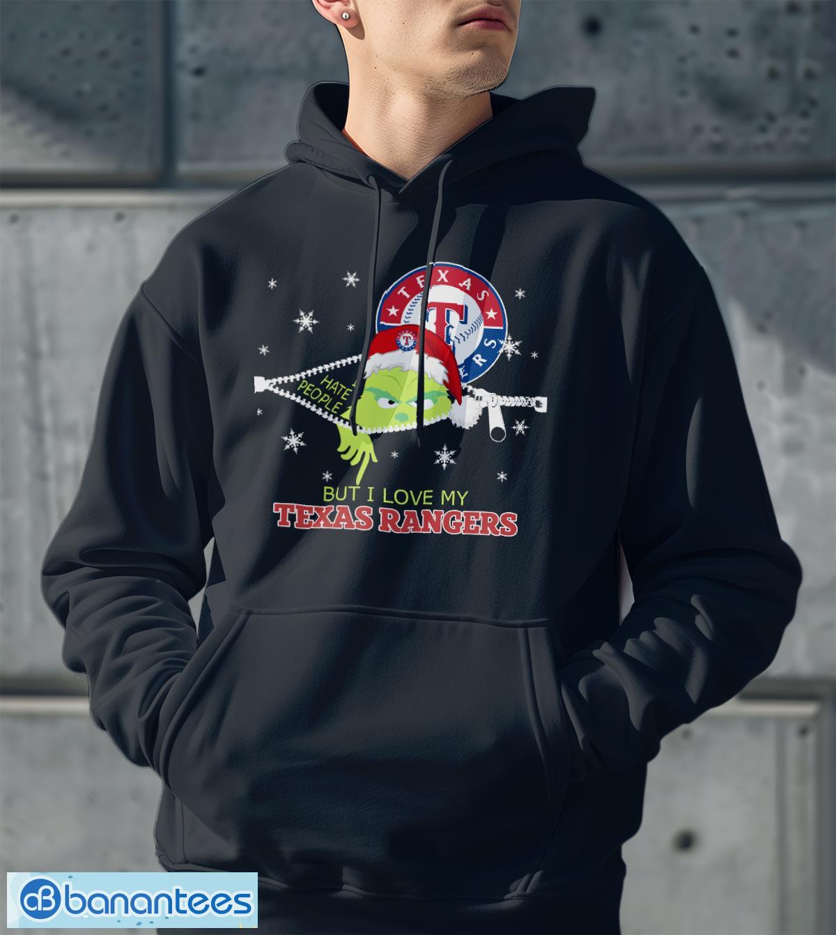 the grinch i hate people but i love texas rangers christmas t shirt 1 image The Grinch I Hate People But I Love Texas Rangers Christmas T-shirt Product Photo 2