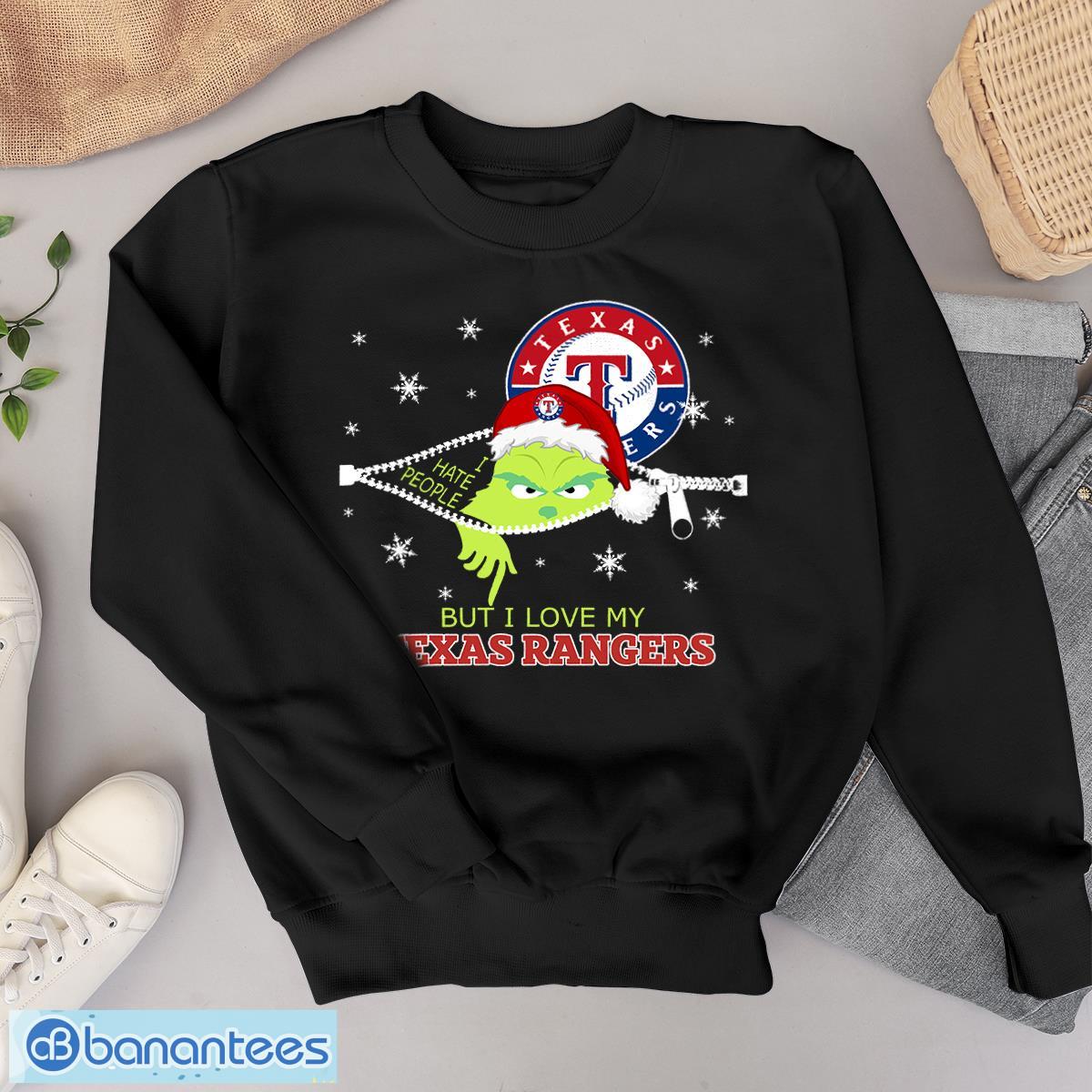 the grinch i hate people but i love texas rangers christmas t shirt image The Grinch I Hate People But I Love Texas Rangers Christmas T-shirt Product Photo 1