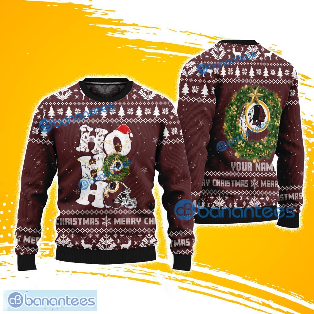 washington commanders nfl ho ho ho knitting pattern ugly christmas sweater custom name image Washington Commanders NFL Ho Ho Ho Knitting Pattern Ugly Christmas Sweater Custom Name Product Photo 1