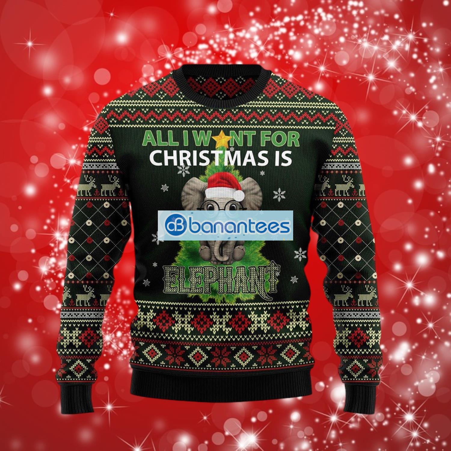 all want for christmas is elephant cute ugly christmas sweater full over print image All Want For Christmas Is Elephant Cute Ugly Christmas Sweater Full Over Print Product Photo 1