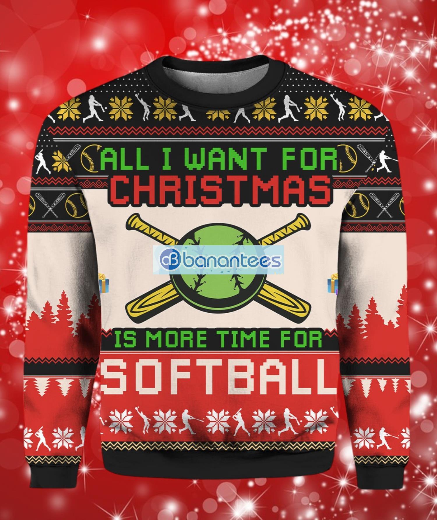 all want for christmas is more time for softball ugly christmas sweater full over print image All Want For Christmas Is More Time For Softball Ugly Christmas Sweater Full Over Print Product Photo 1