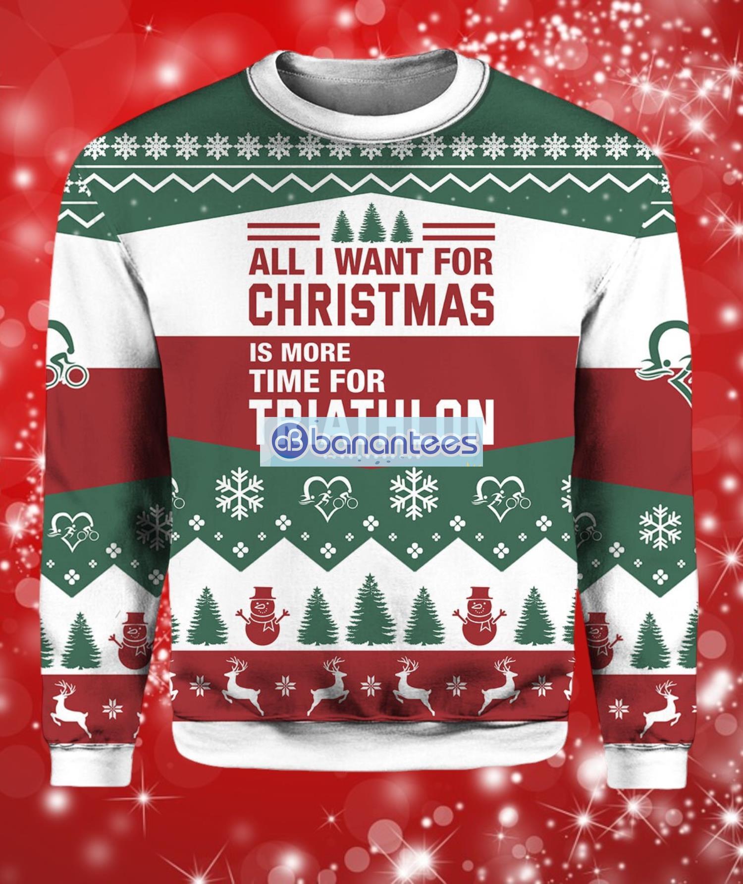 all want for christmas is triathlon christmas ugly sweater full over print image All Want For Christmas Is Triathlon Christmas Ugly Sweater Full Over Print Product Photo 1