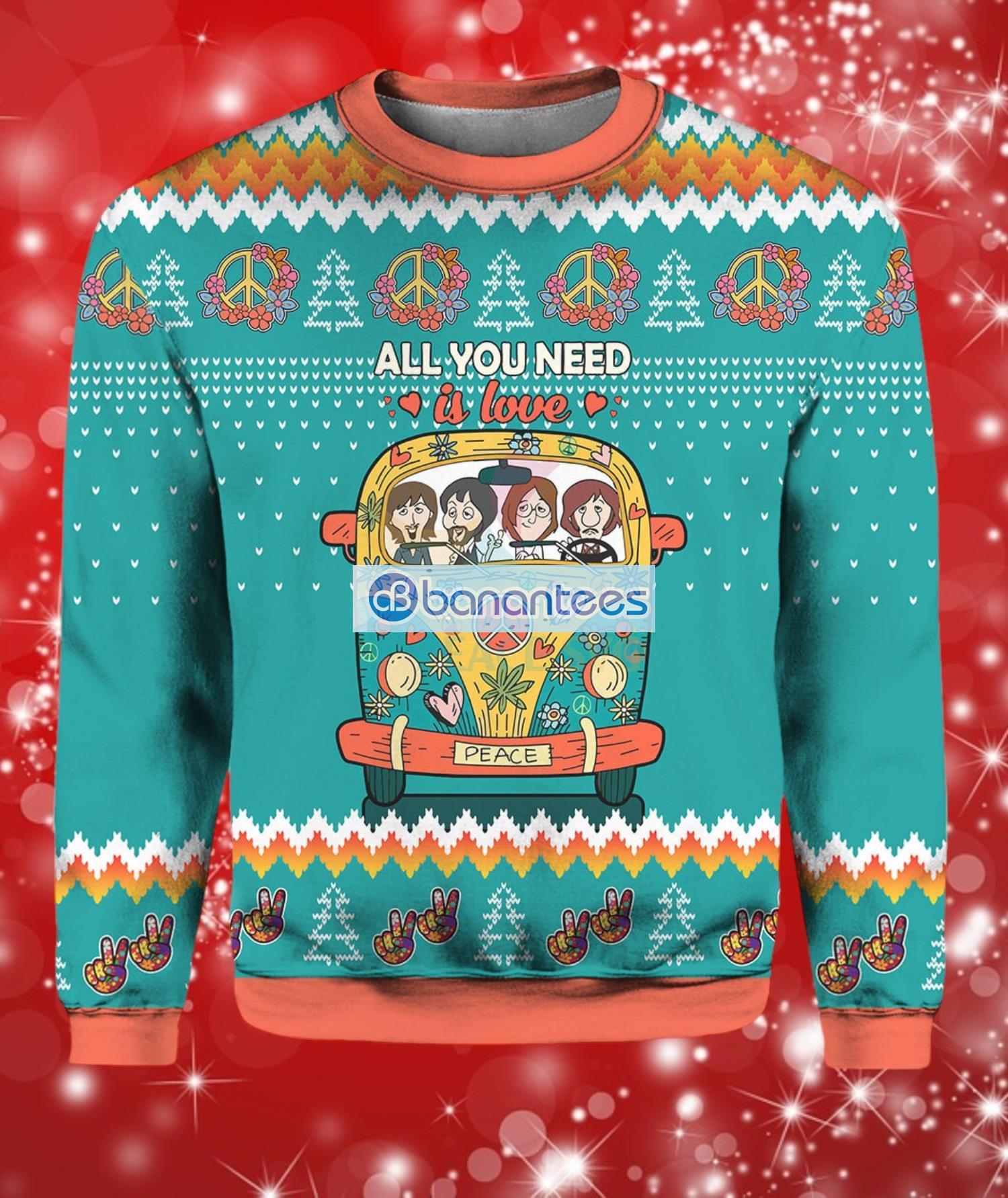 all you need is love hippie peace christmas ugly sweater full over print image All You Need Is Love Hippie Peace Christmas Ugly Sweater Full Over Print Product Photo 1
