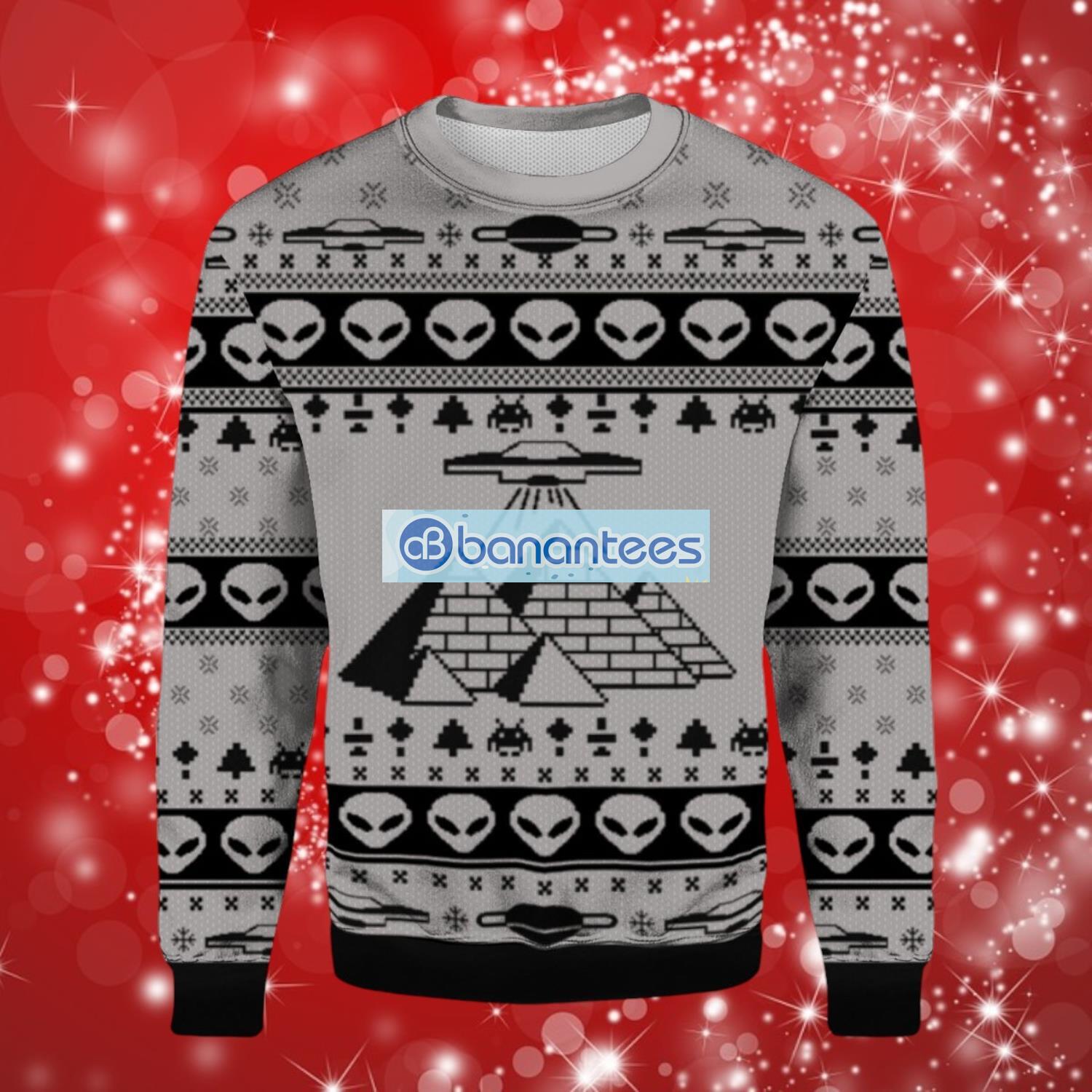 ancient alien pyramid ugly christmas sweater full over print image Ancient Alien Pyramid Ugly Christmas Sweater Full Over Print Product Photo 1