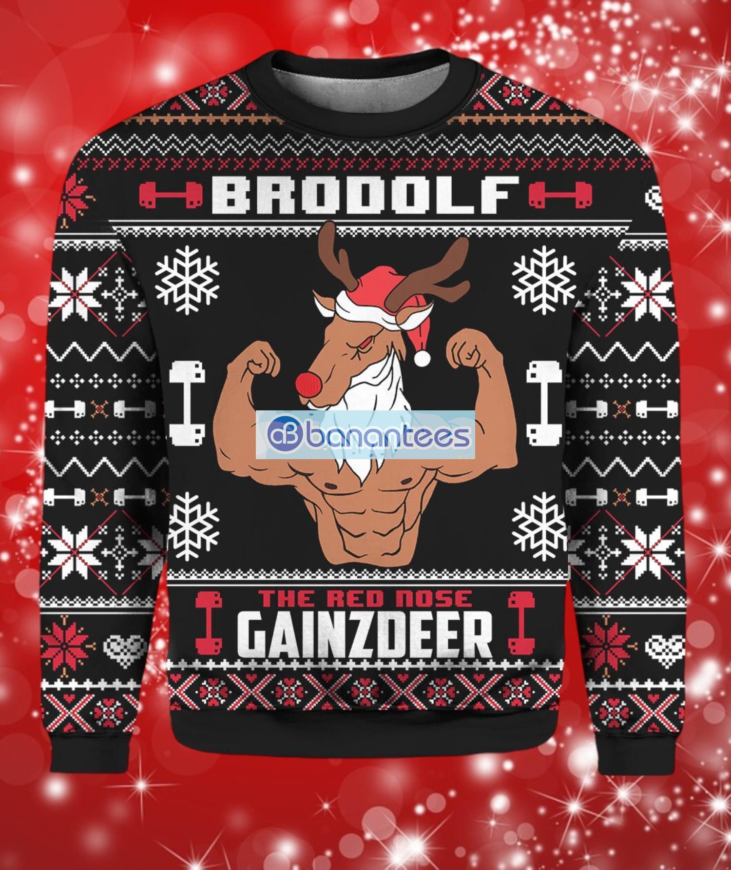 animal brodolf the red nose gainzdeer gym ugly christmas sweater full over print image Animal Brodolf The Red Nose Gainzdeer Gym Ugly Christmas Sweater Full Over Print Product Photo 1