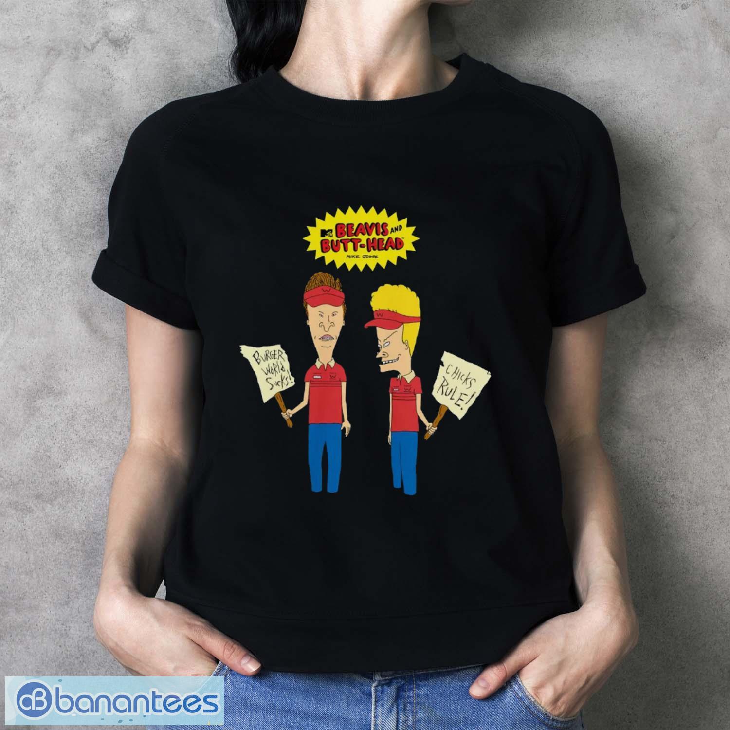 Beavis & Butthead Characters With Picket Signs T-shirt - Ladies T-Shirt Beavis & Butthead Characters With Picket Signs T-shirt - Ladies T-Shirt
