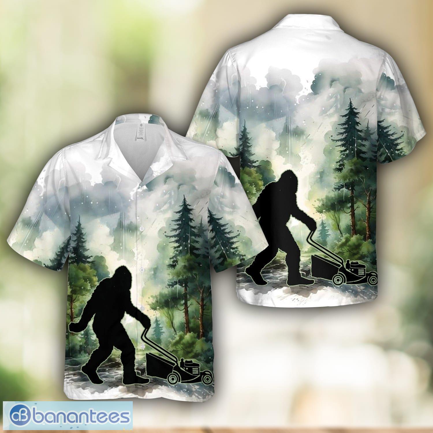 bigfoot mowing lawn hawaiian shirt beach shirt image Bigfoot Mowing Lawn Hawaiian Shirt Beach Shirt Product Photo 1