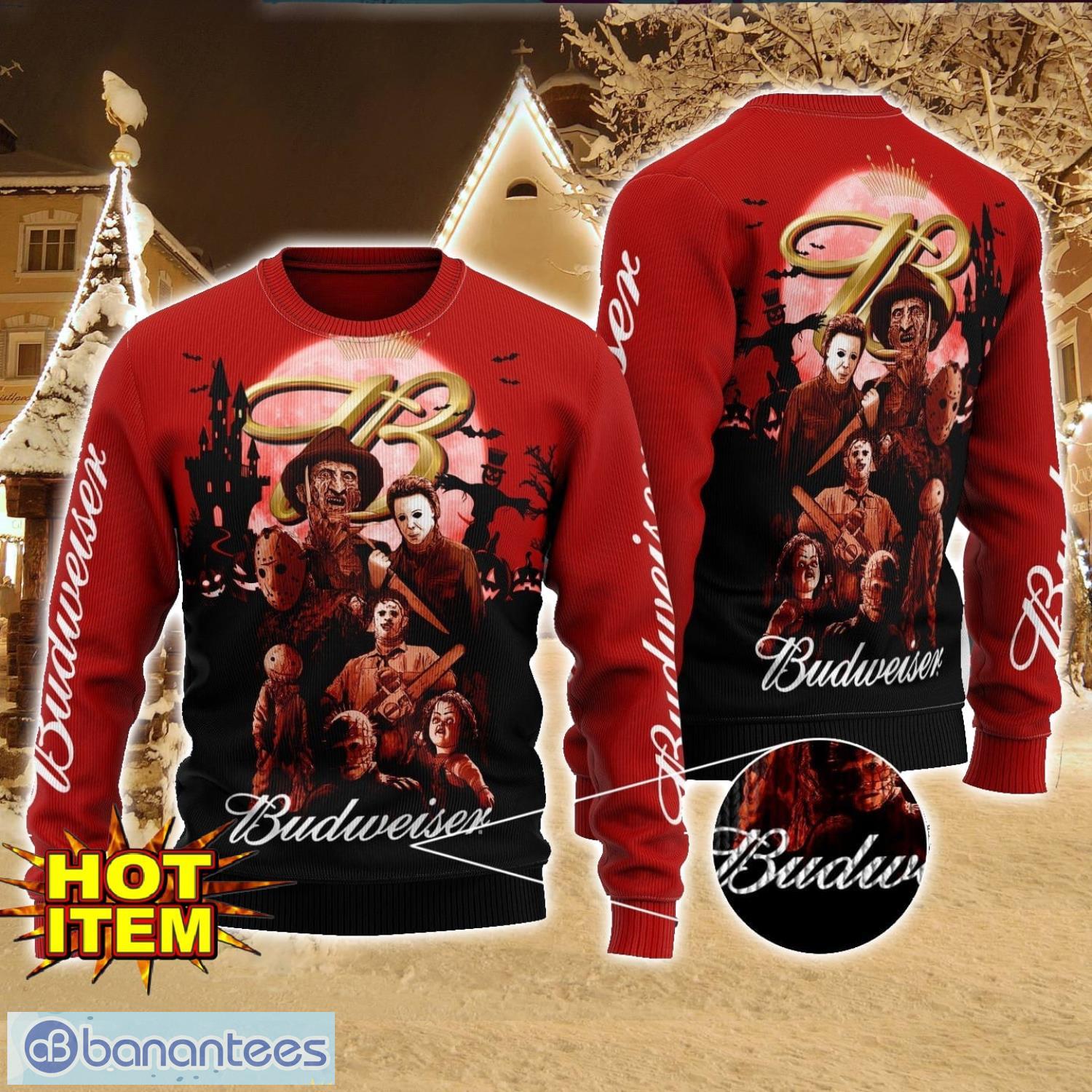 budweiser horror halloween night all over print sweater halloween sweater gift ideas image Budweiser Horror Halloween Night All Over Print Sweater Halloween Sweater Gift Ideas Product Photo 1