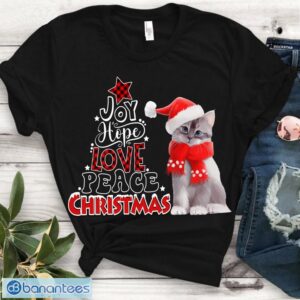 Joy Hope Love Peace Cute Cat T-Shirt - Red Buffalo Plaid Christmas Pajamas Tshirt Product Photo 1