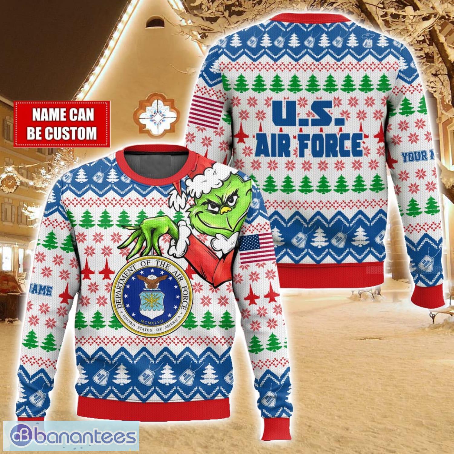 custom name face grinch x us air force ugly christmas sweater christmas gift for family holiday gift image Custom Name Face Grinch x US Air Force Ugly Christmas Sweater Christmas Gift For Family Holiday Gift Product Photo 1