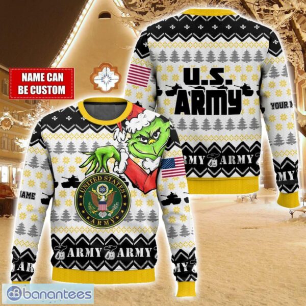 Custom Name Face Grinch x US Army Ugly Christmas Sweater Christmas Gift For Family Holiday Gift Product Photo 1