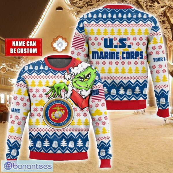 Custom Name Face Grinch x US Marines Ugly Christmas Sweater Christmas Gift For Family Holiday Gift Product Photo 1