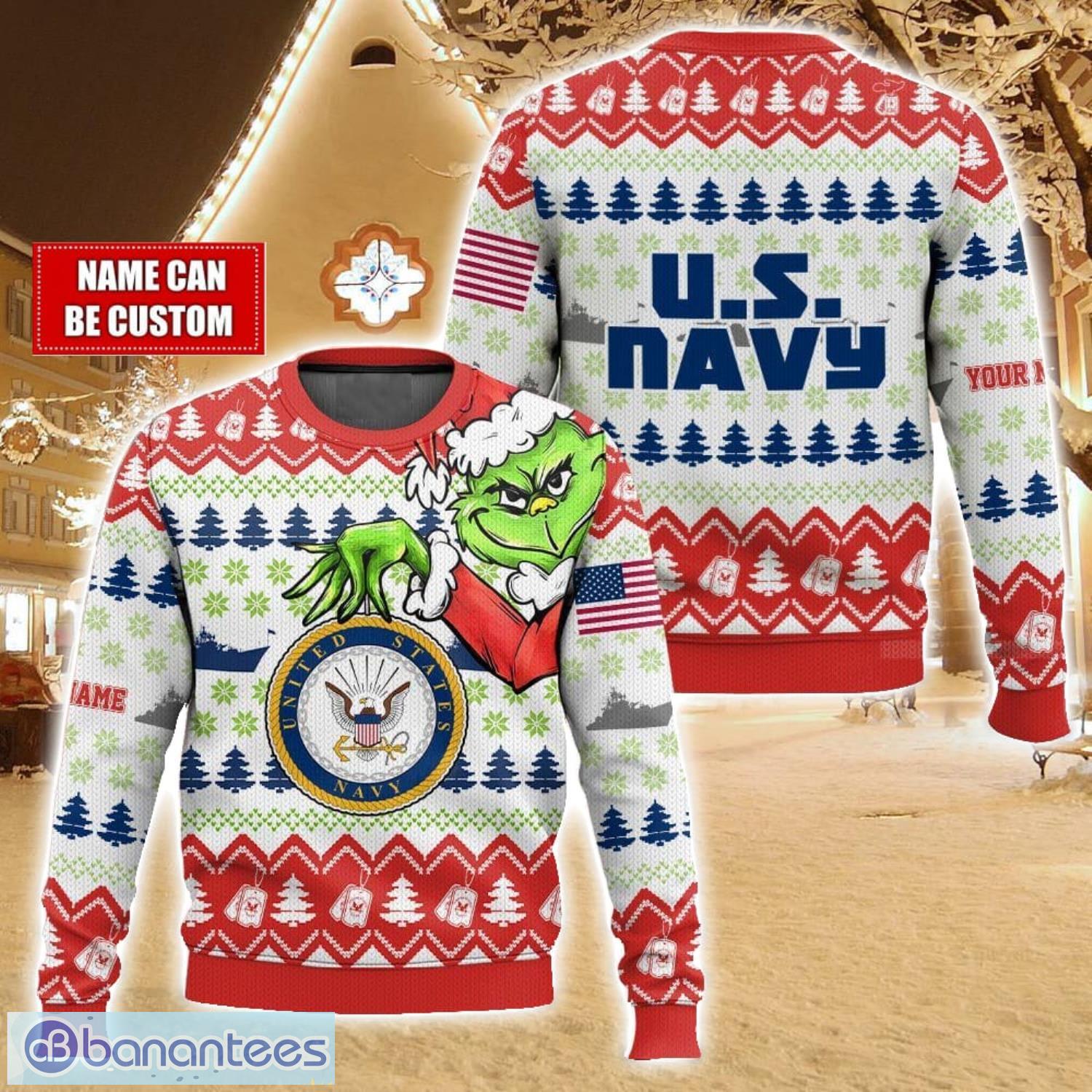 custom name face grinch x us navy ugly christmas sweater christmas gift for family holiday gift image Custom Name Face Grinch x US Navy Ugly Christmas Sweater Christmas Gift For Family Holiday Gift Product Photo 1