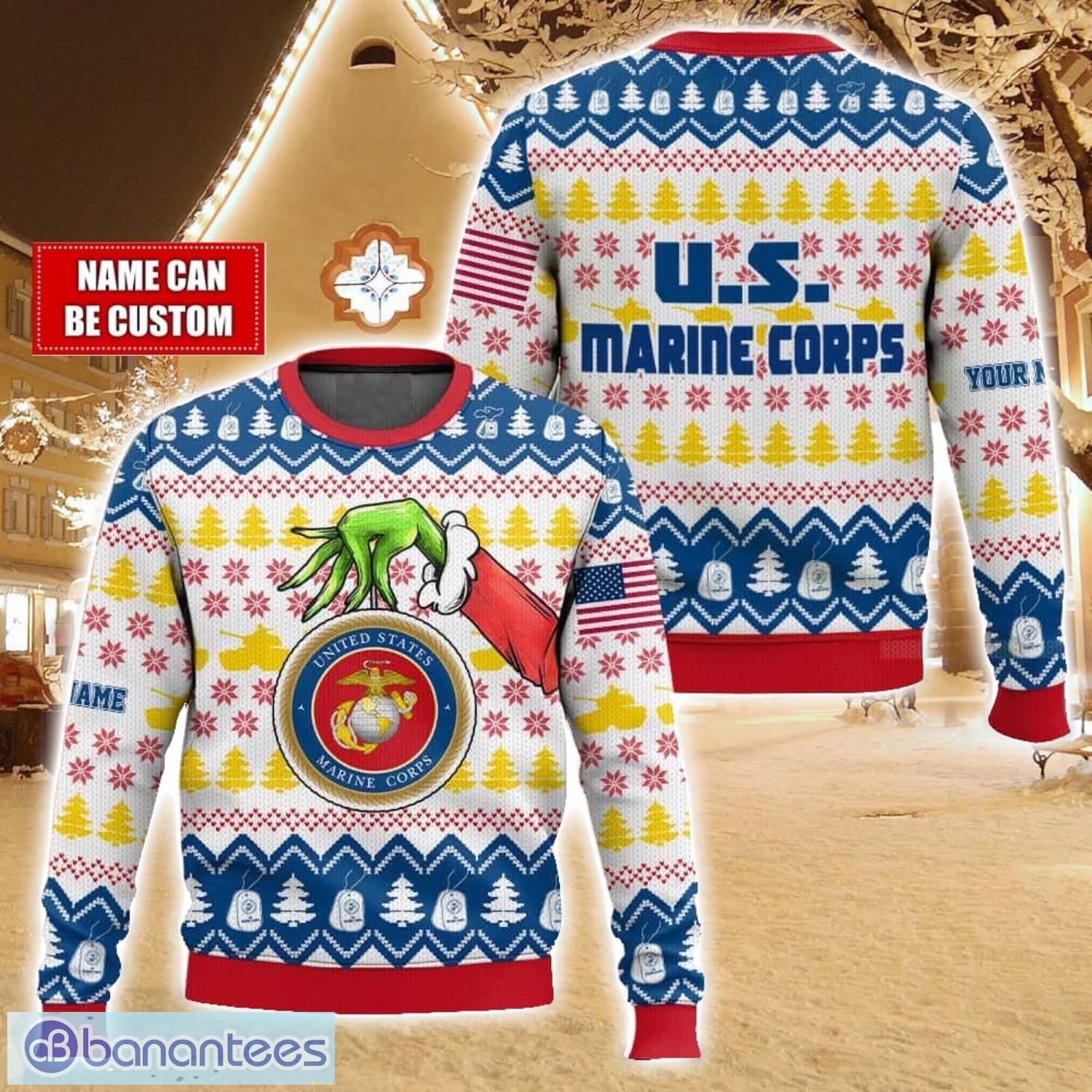 custom name hand grinch x us marines ugly christmas sweater christmas gift for family holiday gift image Custom Name Hand Grinch x US Marines Ugly Christmas Sweater Christmas Gift For Family Holiday Gift Product Photo 1