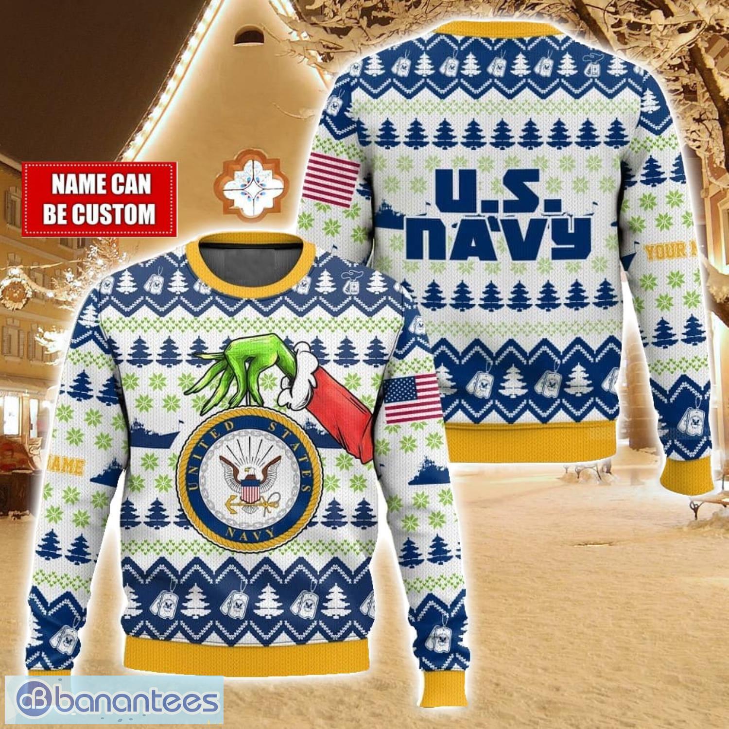 custom name hand grinch x us navy ugly christmas sweater christmas gift for family holiday gift image Custom Name Hand Grinch x US Navy Ugly Christmas Sweater Christmas Gift For Family Holiday Gift Product Photo 1