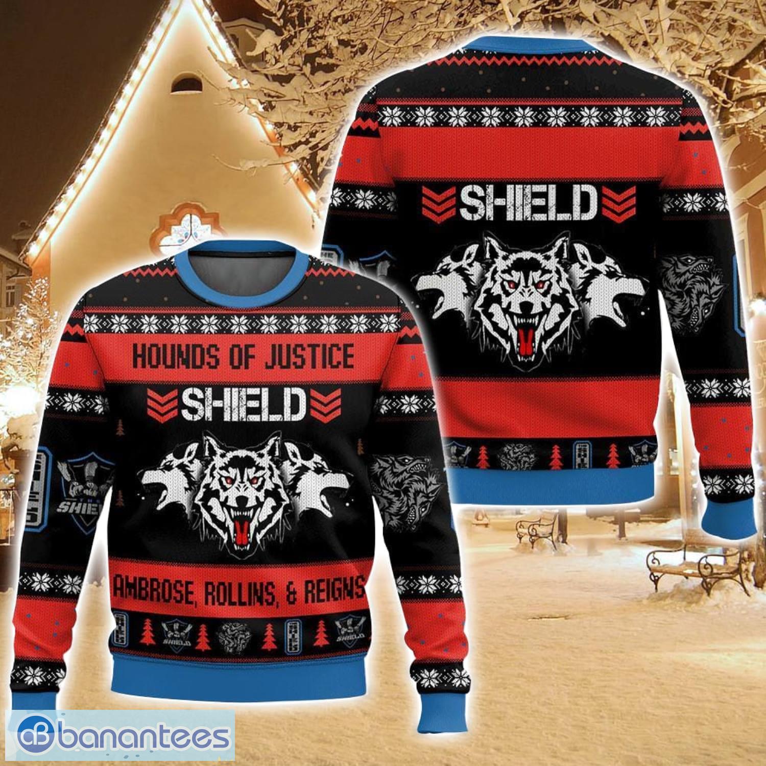 hounds of justice shield wwe ugly christmas sweater christmas gift for family holiday gift image Hounds of Justice Shield WWE Ugly Christmas Sweater Christmas Gift For Family Holiday Gift Product Photo 1