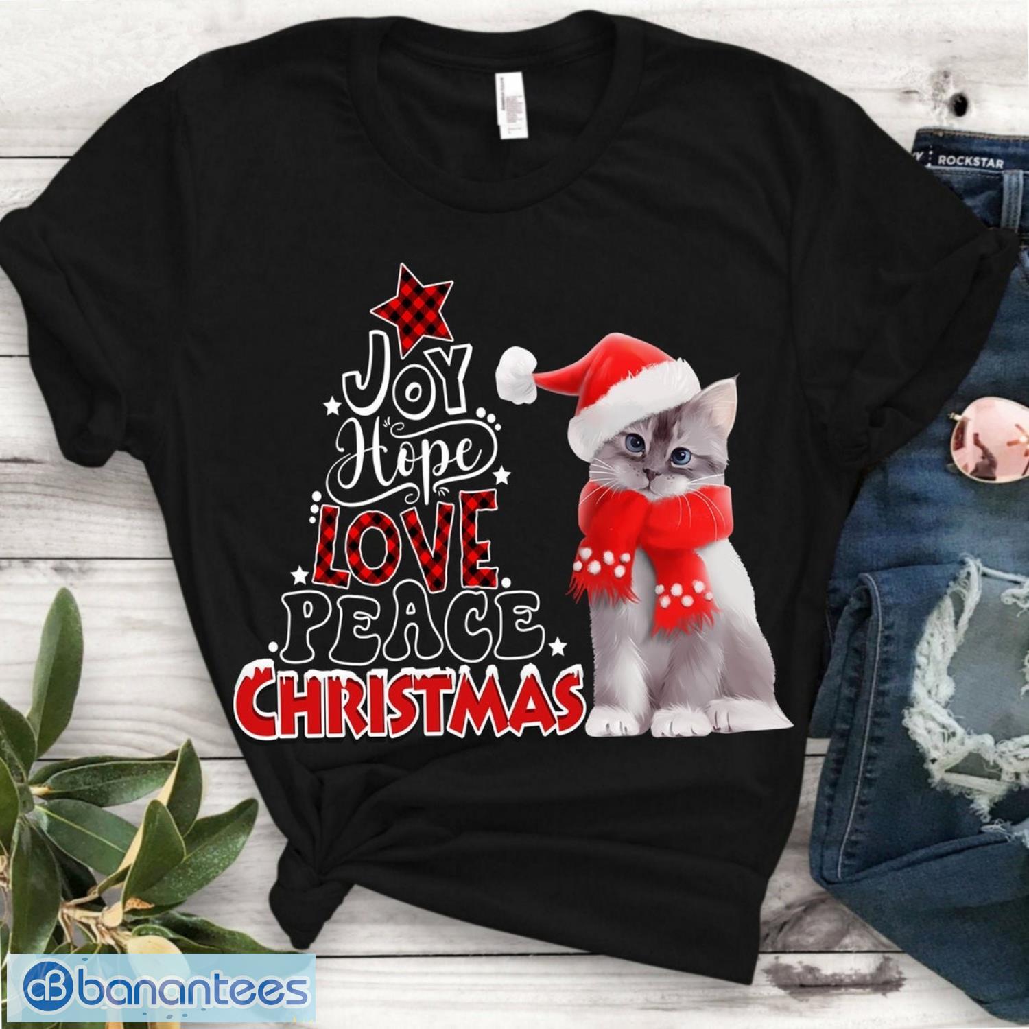 joy hope love peace cute cat t shirt red buffalo plaid christmas pajamas tshirt image Joy Hope Love Peace Cute Cat T-Shirt - Red Buffalo Plaid Christmas Pajamas Tshirt Product Photo 1