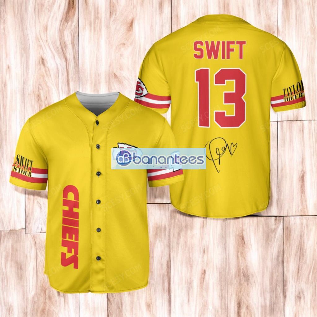 kansas city chiefs taylor swift baseball jersey shirt custom name and number yellow number 13 image Kansas City Chiefs Taylor Swift Baseball Jersey Shirt Custom Name And Number Yellow Number #13 Product Photo 1