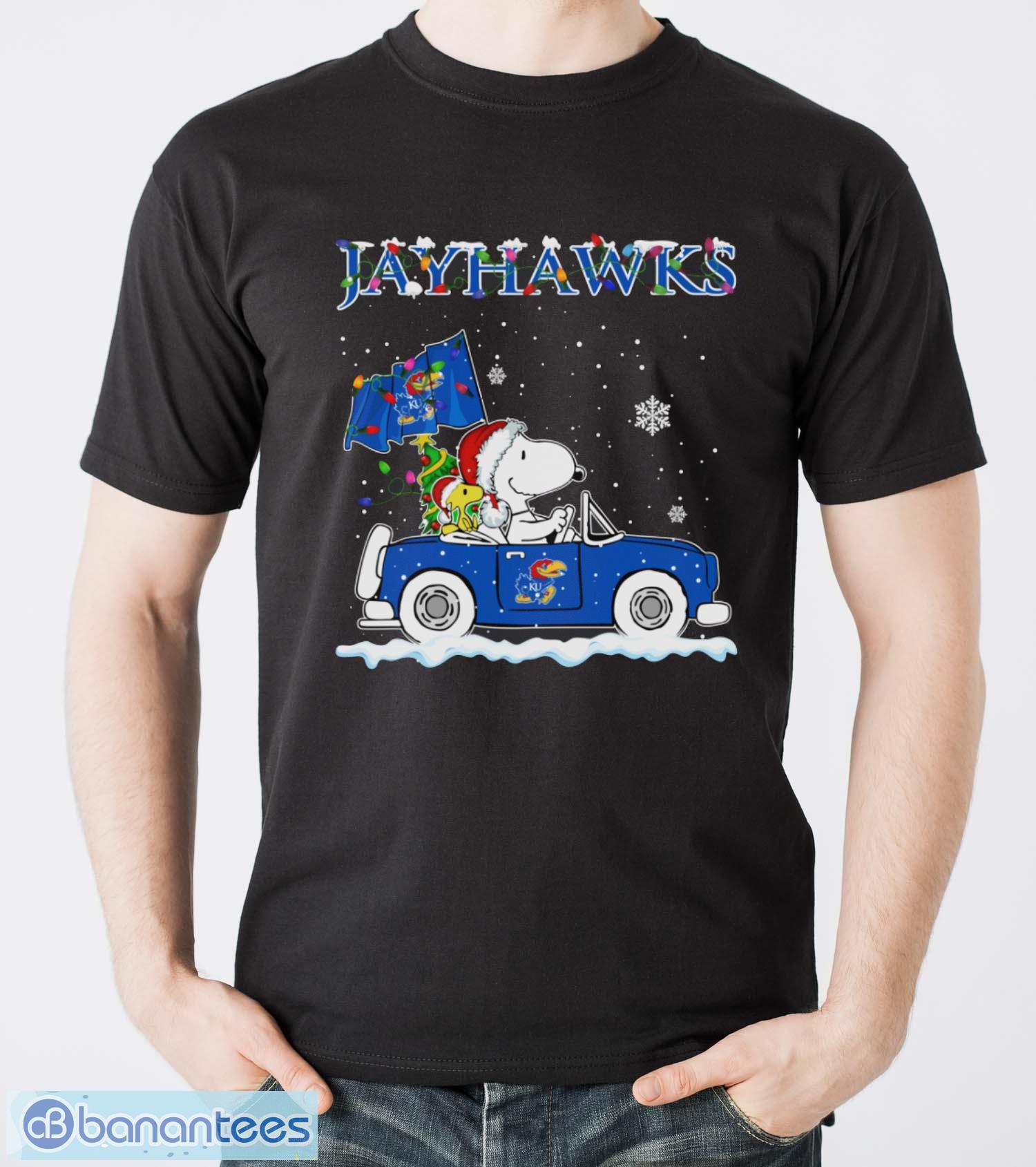 kansas jayhawks snoopy and woodstock driving car shirt sweatshirt hoodie image Kansas Jayhawks Snoopy And Woodstock Driving Car Shirt Sweatshirt Hoodie - Men T-Shirt