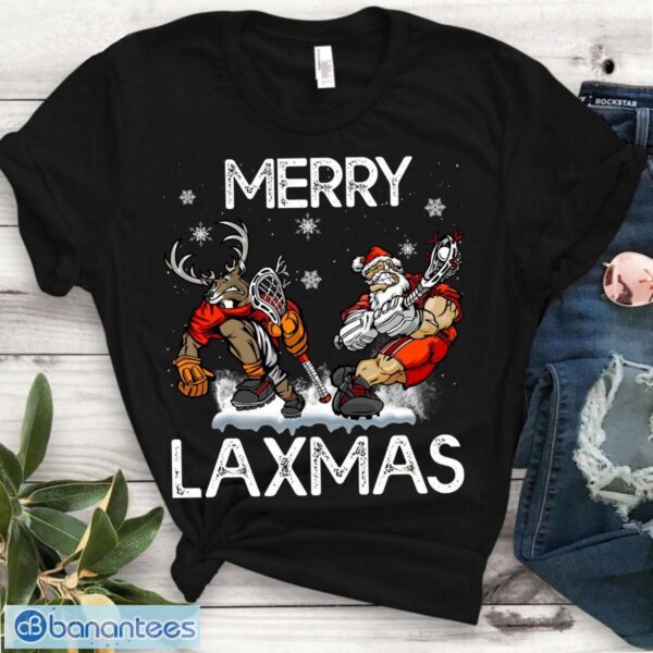 Lacrosse Santa Reindeer Shirt - Merry Laxmas Ugly Christmas Sweater Tshirt Product Photo 1